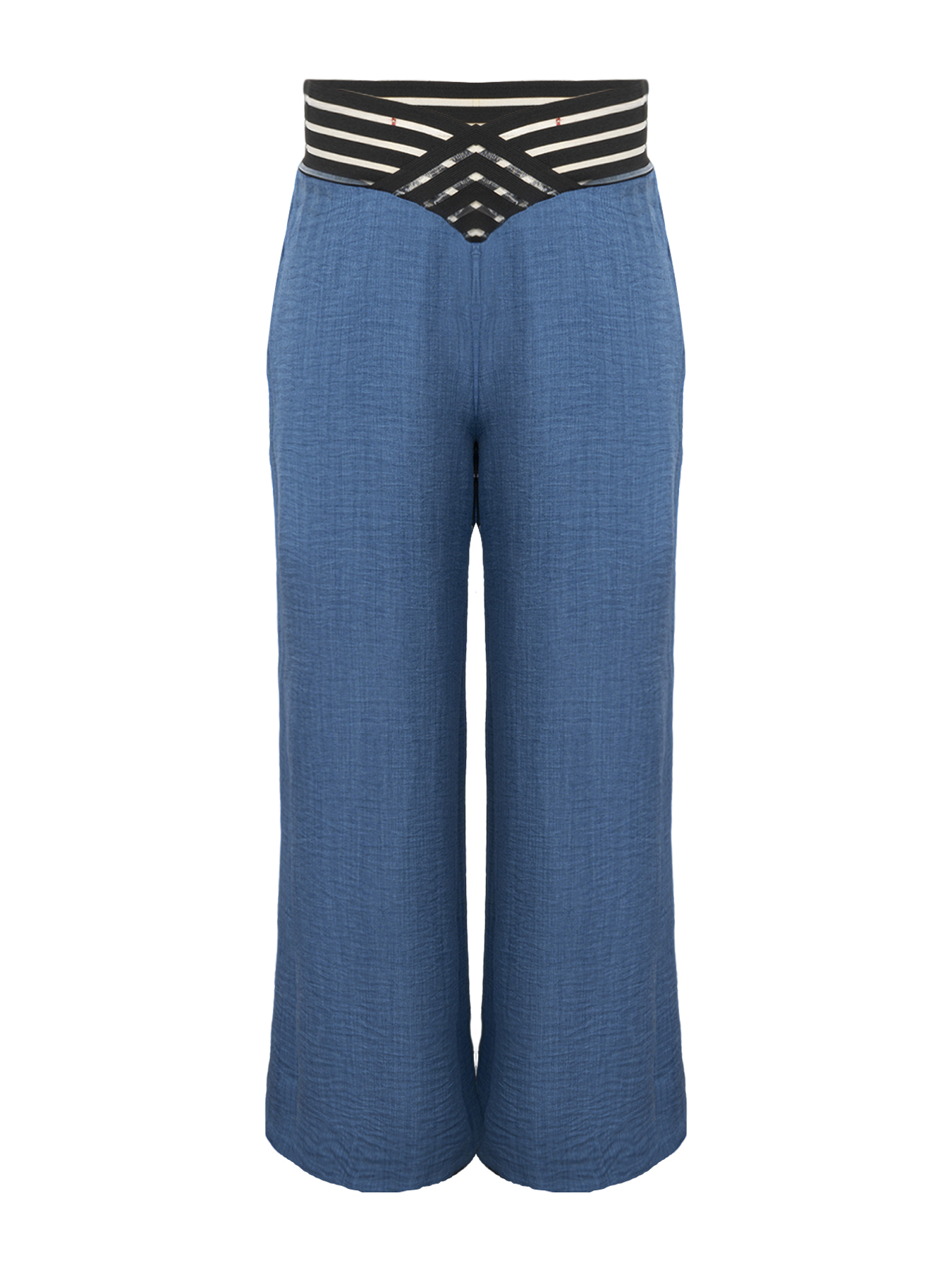Women's Blue Wide-Leg Pants with Crisscross Waist Detail-Aegean-sea