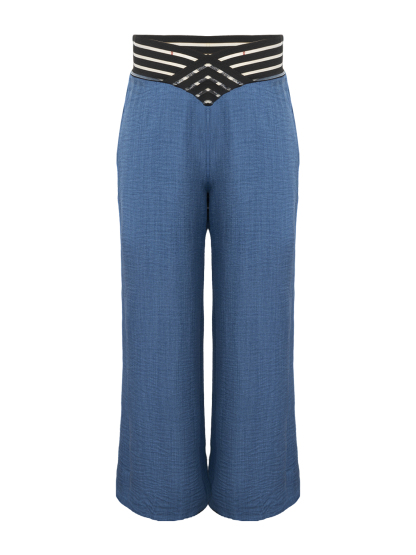 Women's Blue Wide-Leg Pants with Crisscross Waist Detail-Aegean-sea