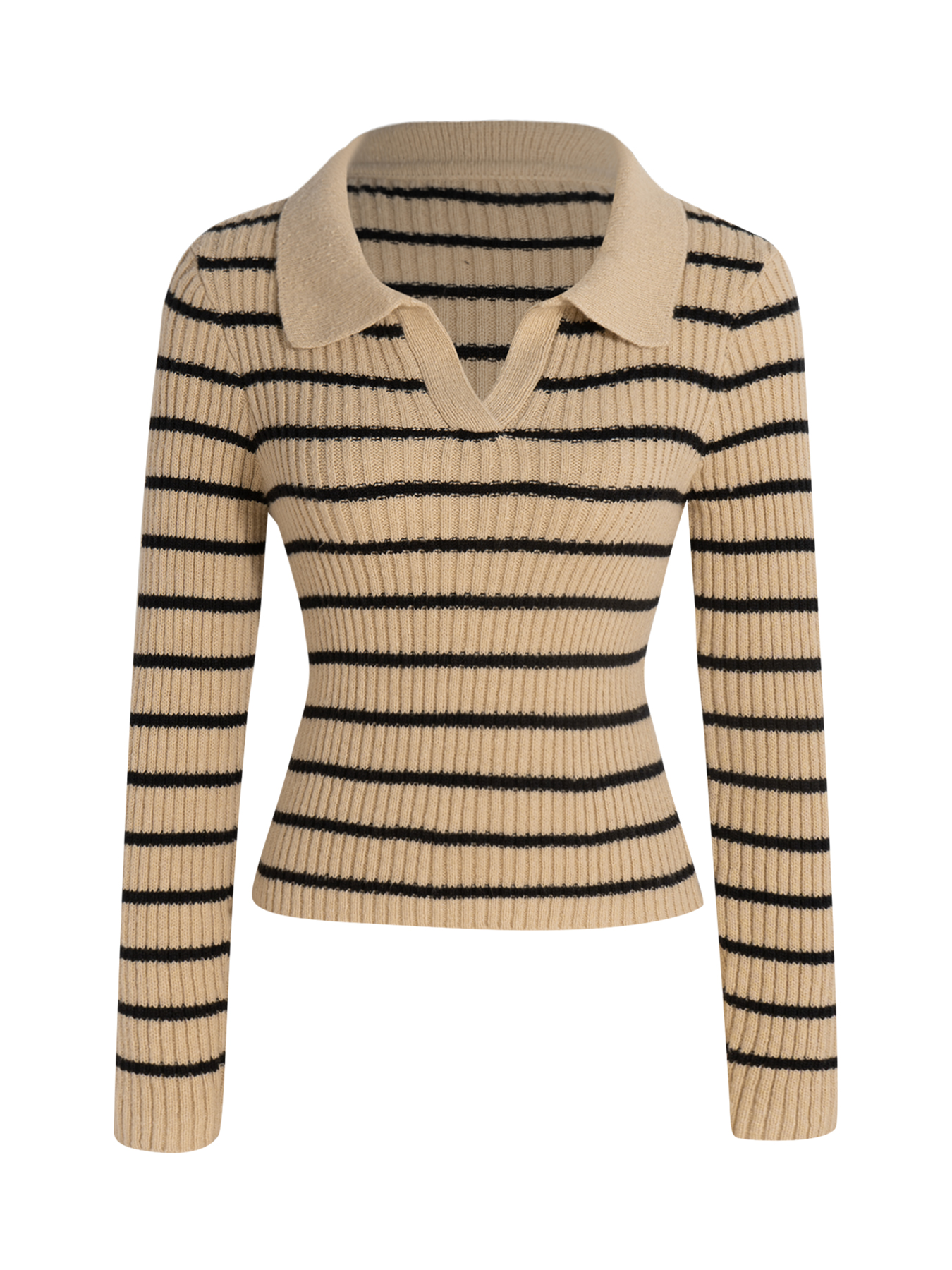 Polo de mujer a rayas beige y negro Camiseta de manga larga de punto ribeteado-Aegean-sea