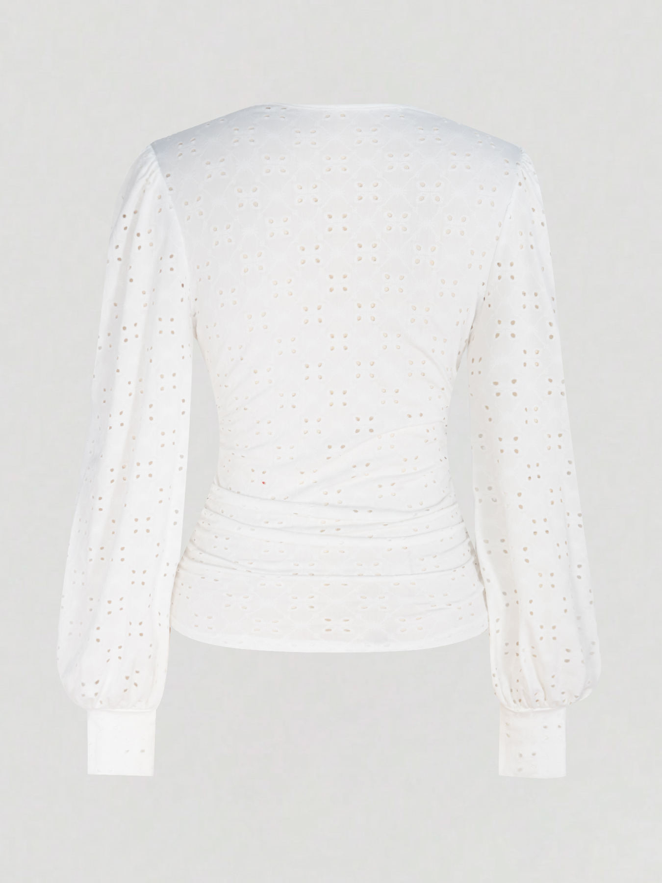 Woman's Eyelet Embroidery V-Neck Puff Sleeve Ruched Waist Blouse-Aegean-sea