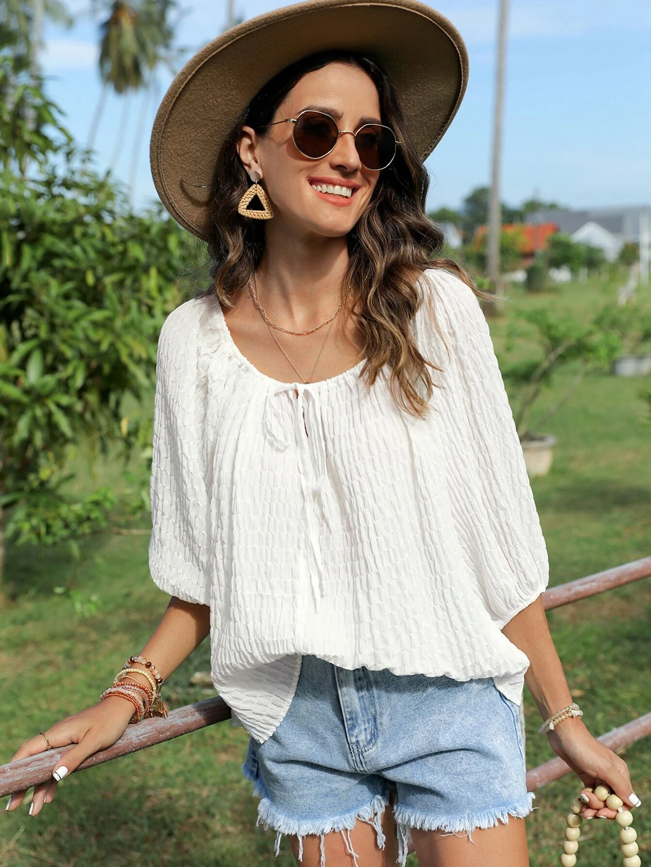 Woman's White Textured Tie Neck Puff Sleeve Boho Top-Aegean-sea