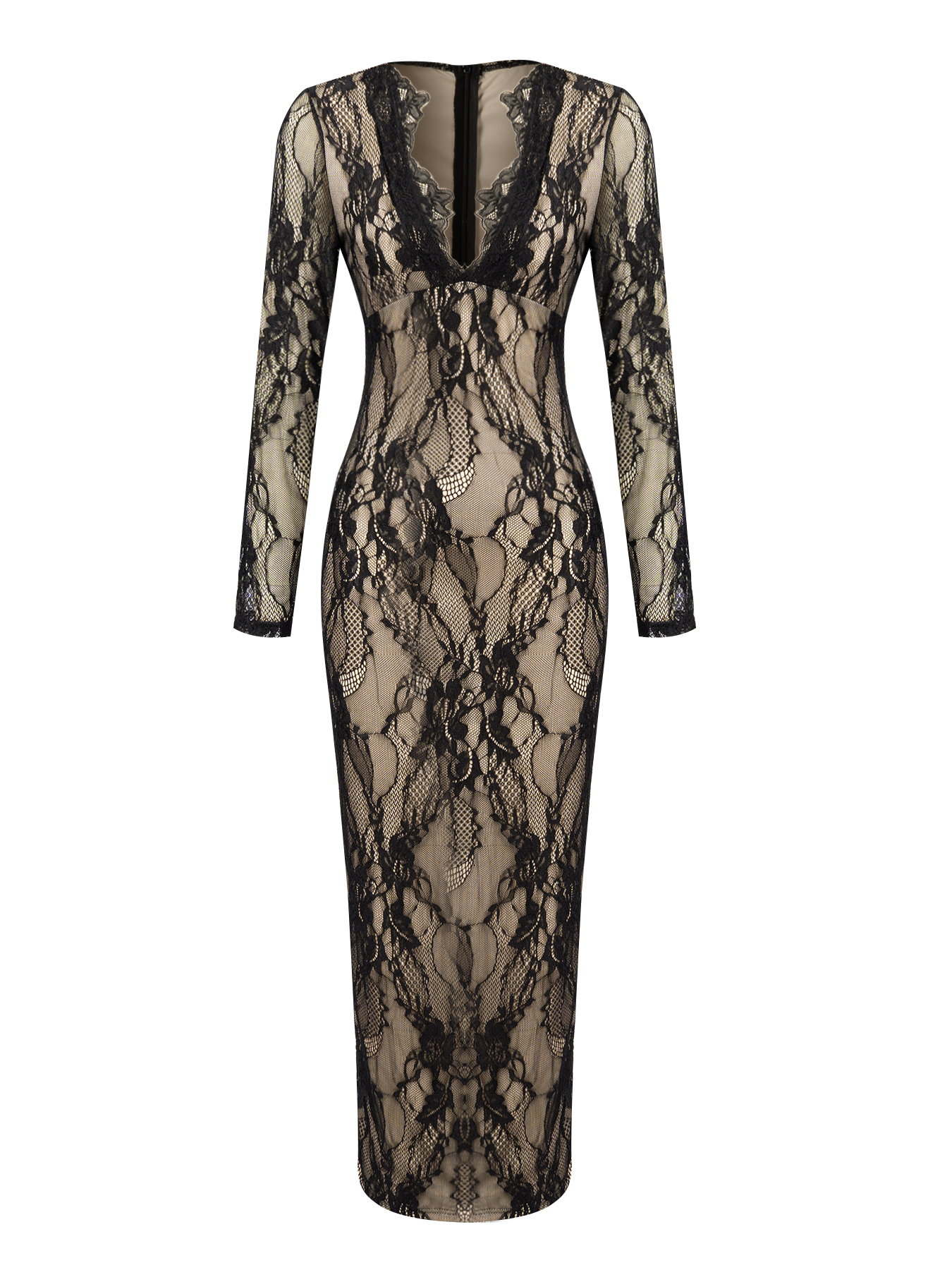 Woman's Black Lace Deep V Long Sleeve Bodycon Maxi Dress