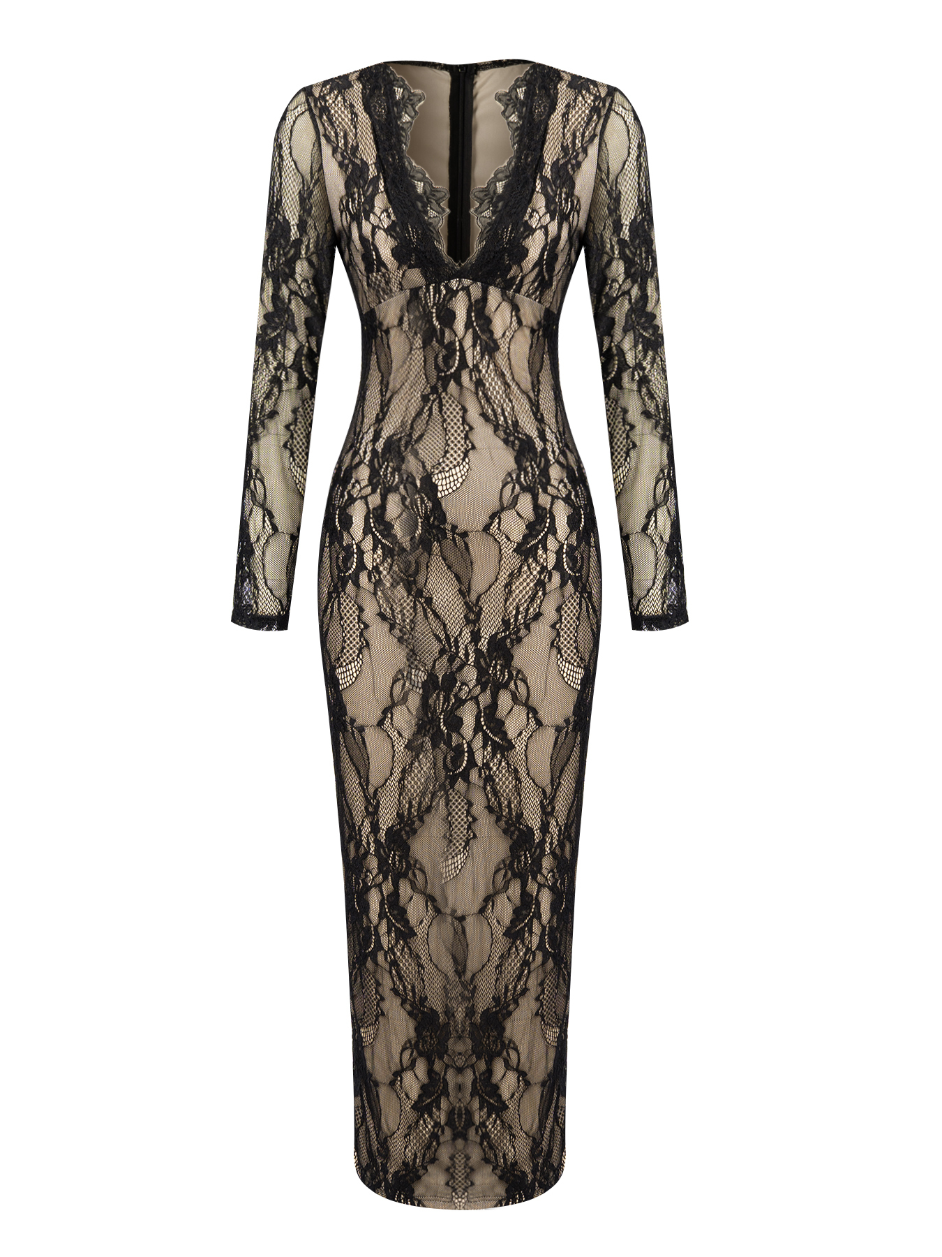 Woman's Black Lace Deep V Long Sleeve Bodycon Maxi Dress