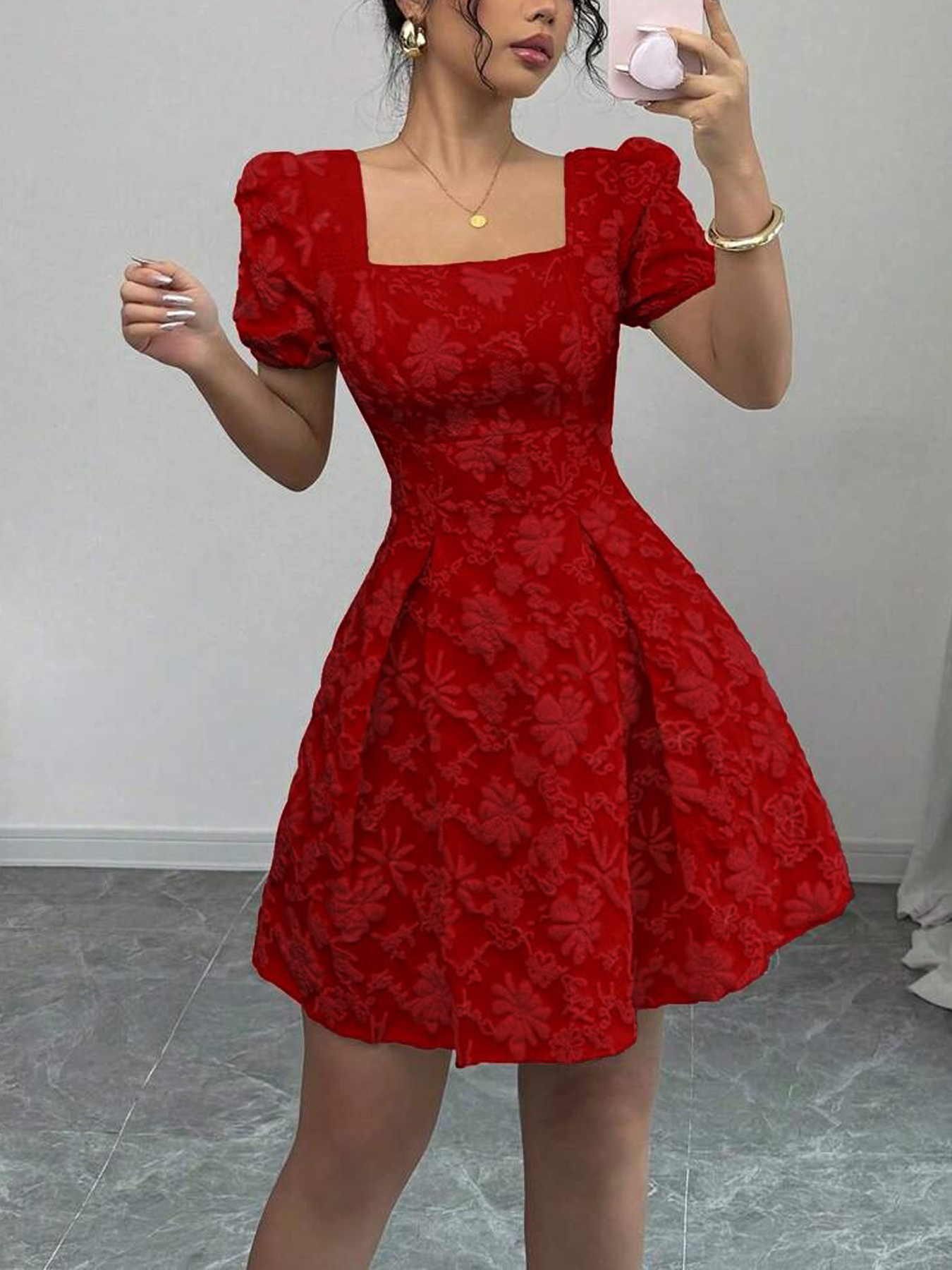Red square neck floral print puff sleeve dress