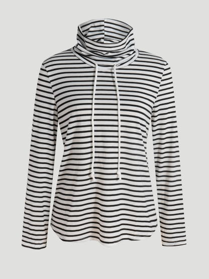 Camiseta de manga larga con cordón de cuello alto a rayas para mujer-Aegean-sea