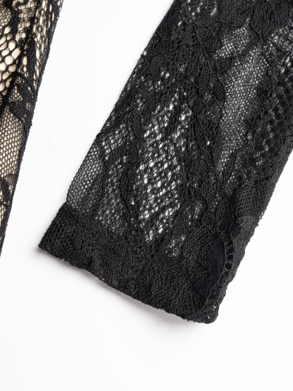 Woman's Black Lace Deep V Long Sleeve Bodycon Maxi Dress