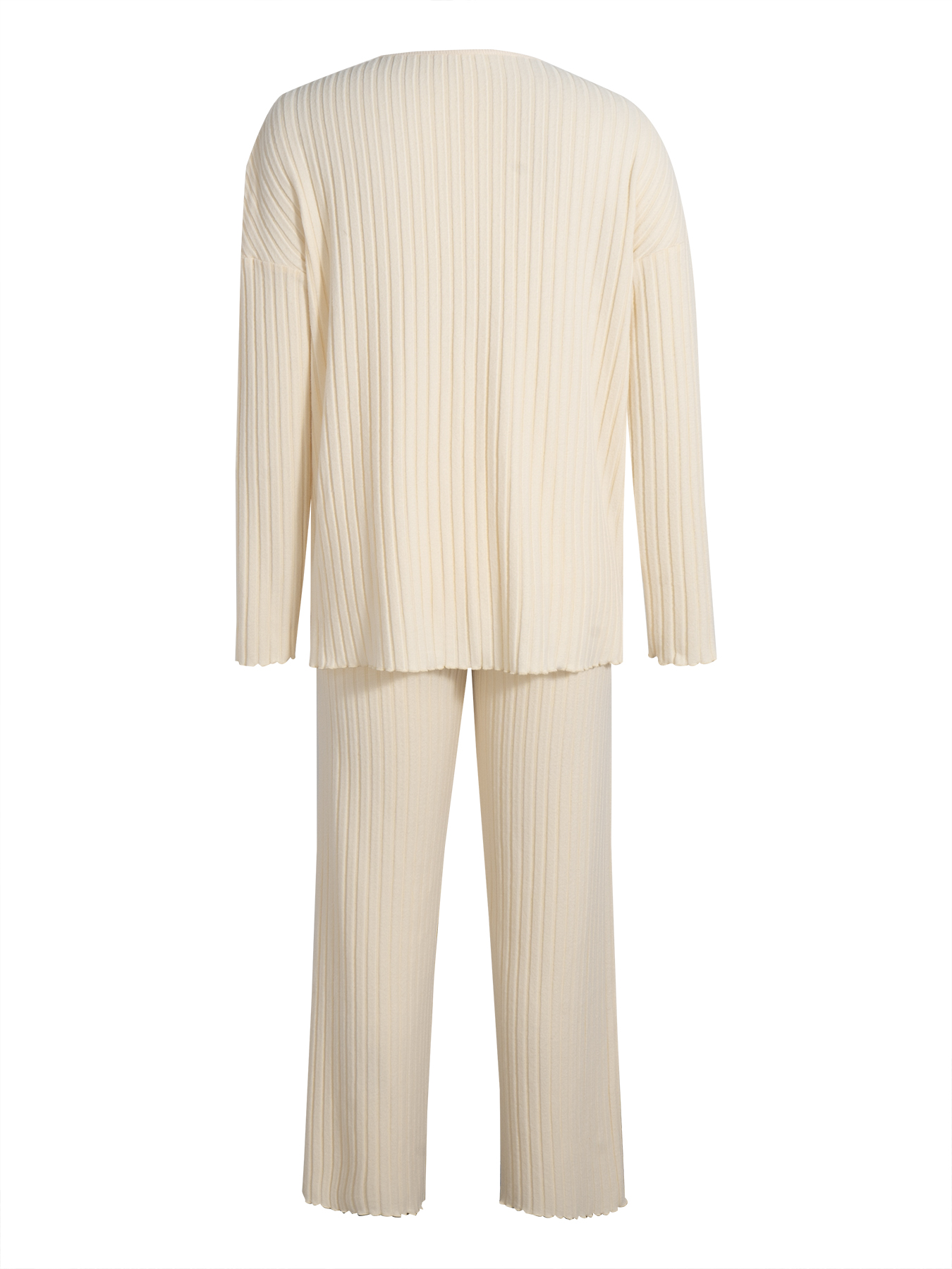 Beige-white V-neck pinstripe knit suit, loose-fitting long-sleeved shirt, belted wide-legged pants