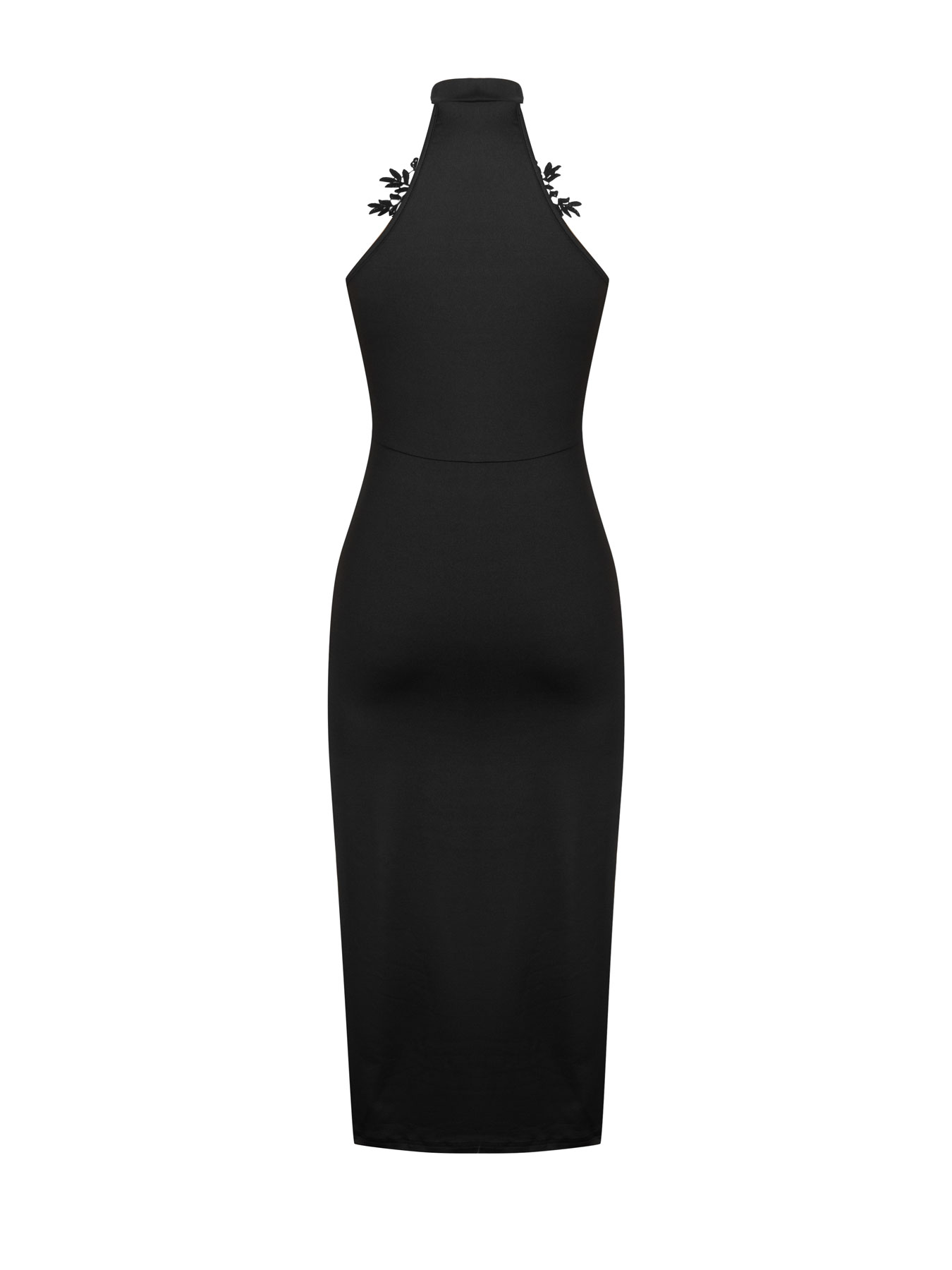 Woman's Black Halter Neck Chest Cutout Floral Dress | Fitted High Slit Midi Sexy Dress-Aegean-sea