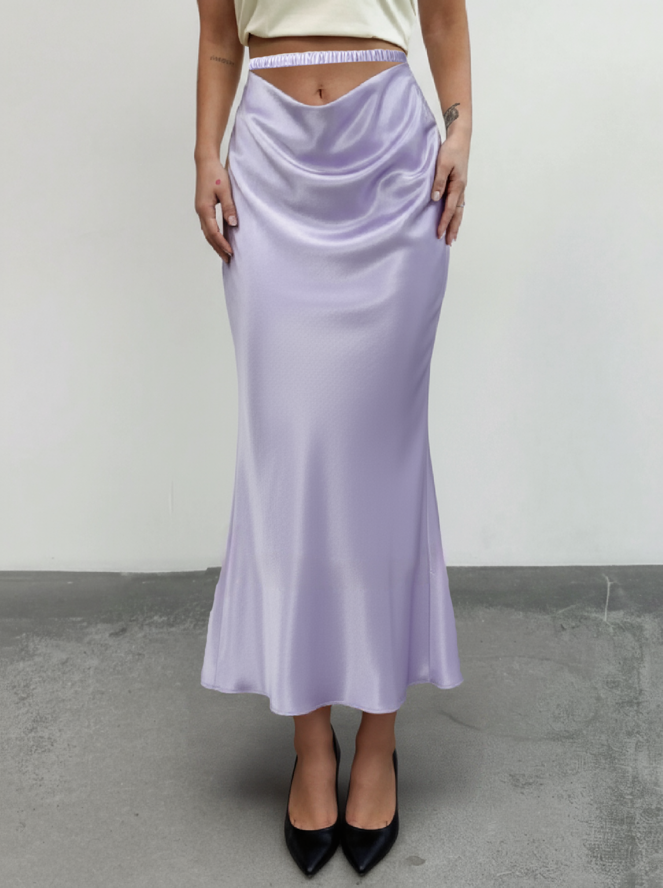 Women's Lavender Satin Midi Skirt with Ruched Asymmetric Waist Detail-Aegean-sea