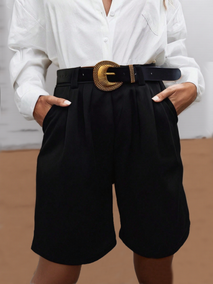 Woman's Black high-waisted pleated Bermuda shorts-Aegean-sea