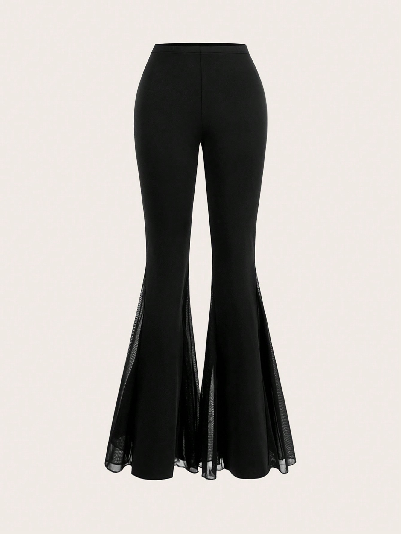 Women's Black High-Waisted Flare Pants with Mesh Panel Detailing-Aegean-sea