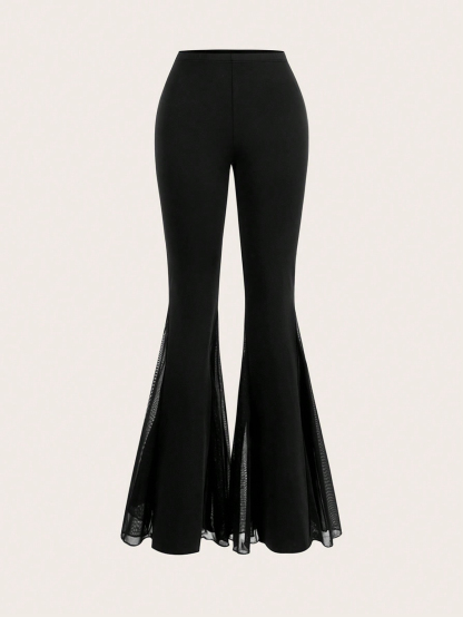 Women's Black High-Waisted Flare Pants with Mesh Panel Detailing-Aegean-sea