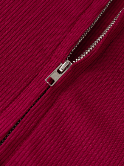 Woman's Red Fitted Rib-Knit Hooded Cropped Zip-Up Jacket | Hot Girl Waist-Baring Casual Cardigan-Aegean-sea