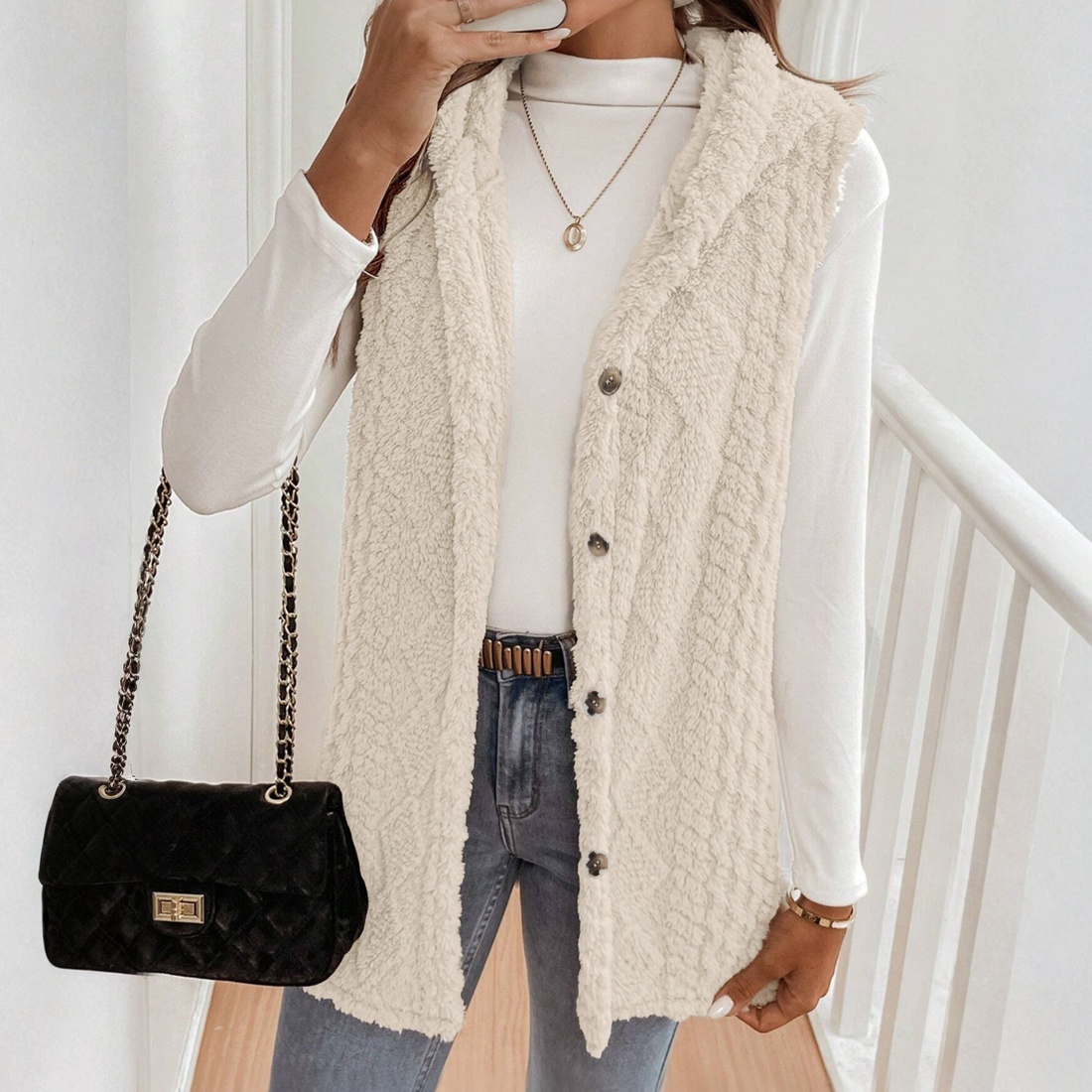 Vestido frontal sin mangas con botones de sherpa beige para mujer-Aegean-sea