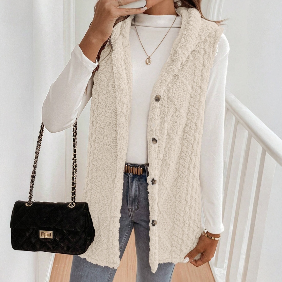 Vestido frontal sin mangas con botones de sherpa beige para mujer-Aegean-sea