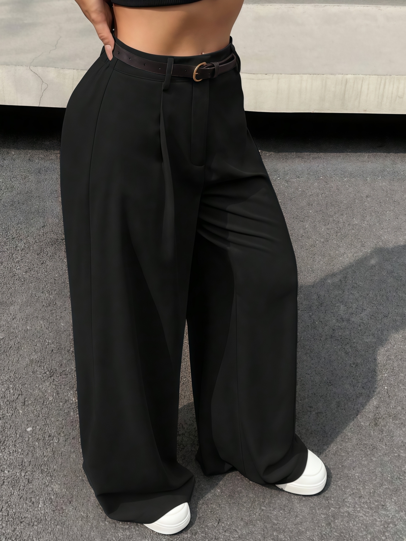 Woman's  Office Casual Style Black High-Waisted Wide-Leg Suit Pants -Aegean-sea