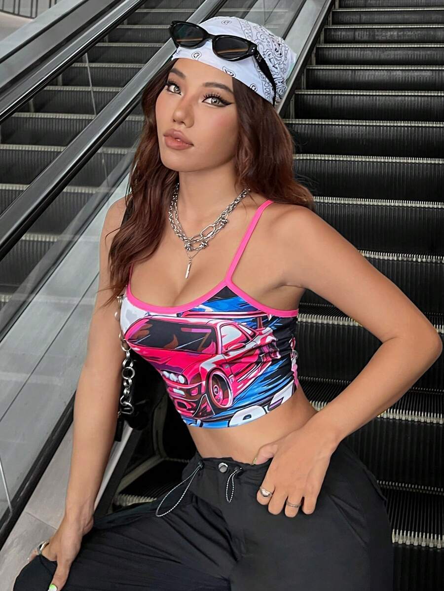 Women's Pink Trim Racing Car Print Cami Crop Top-Aegean-sea
