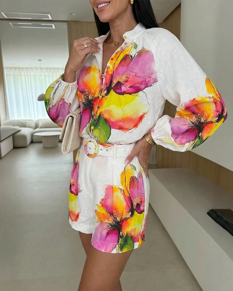 Floral Print Shirt and Shorts Set, Vacation Two-Piece Outfit