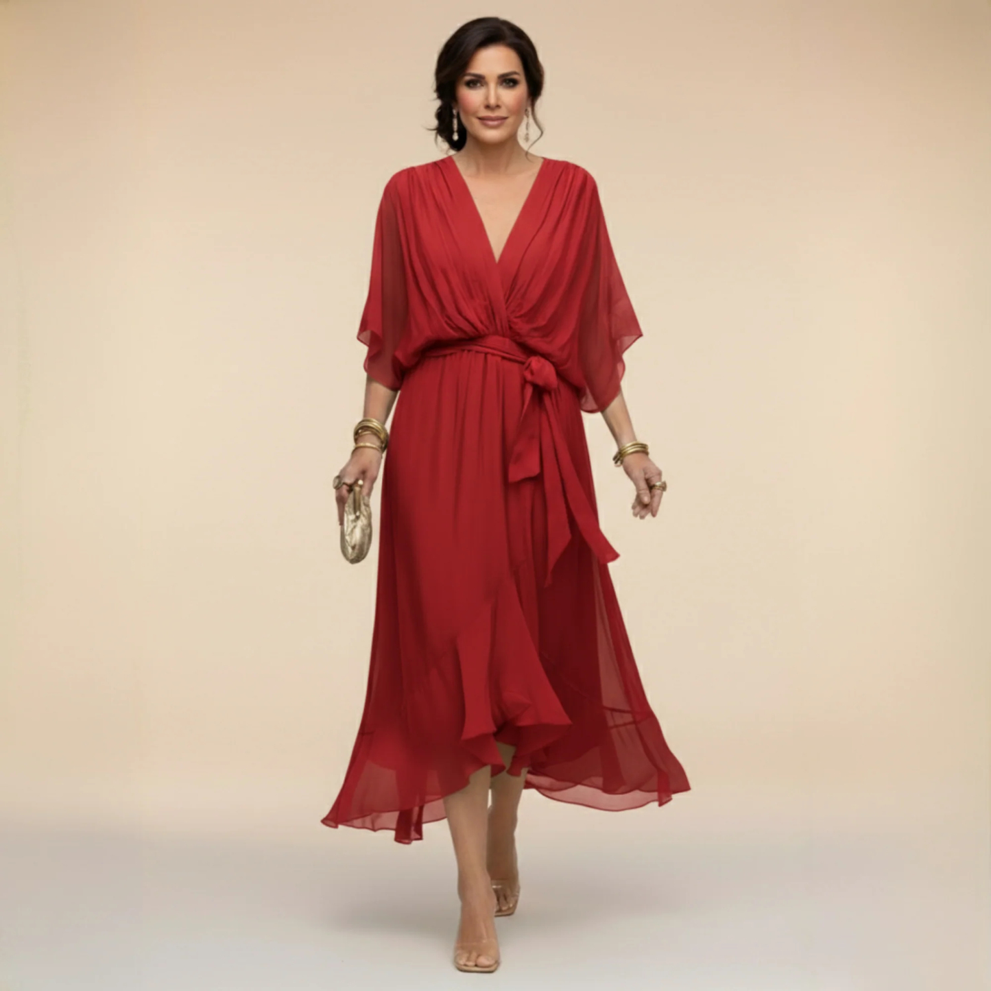 Women's Elegant V Neck Batwing Sleeve Tie Waist Ruffle Hem Sheer Chiffon Formal Midi Dress