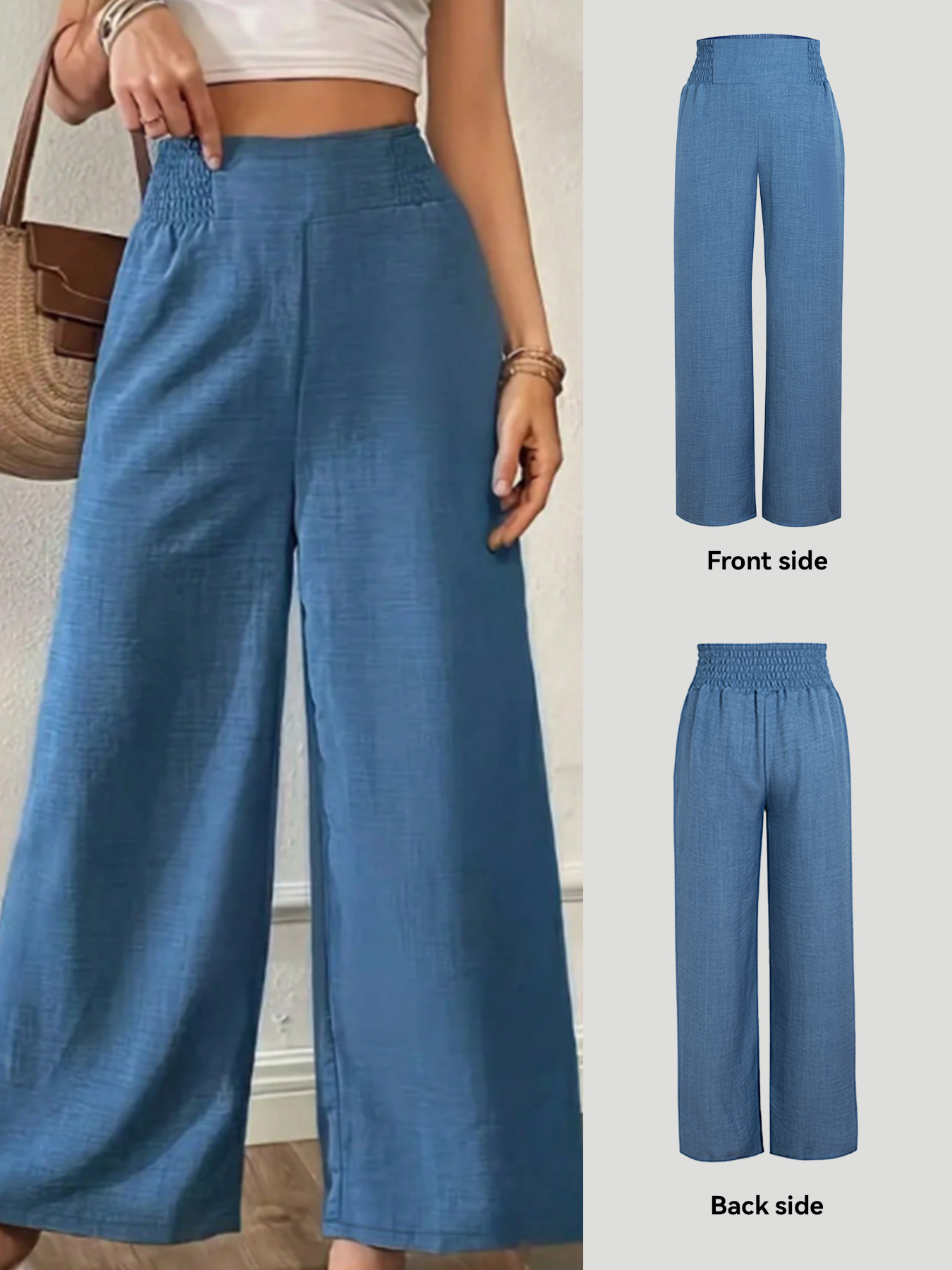 Women's Blue Smocked Waist Wide Leg Pants-Aegean-sea