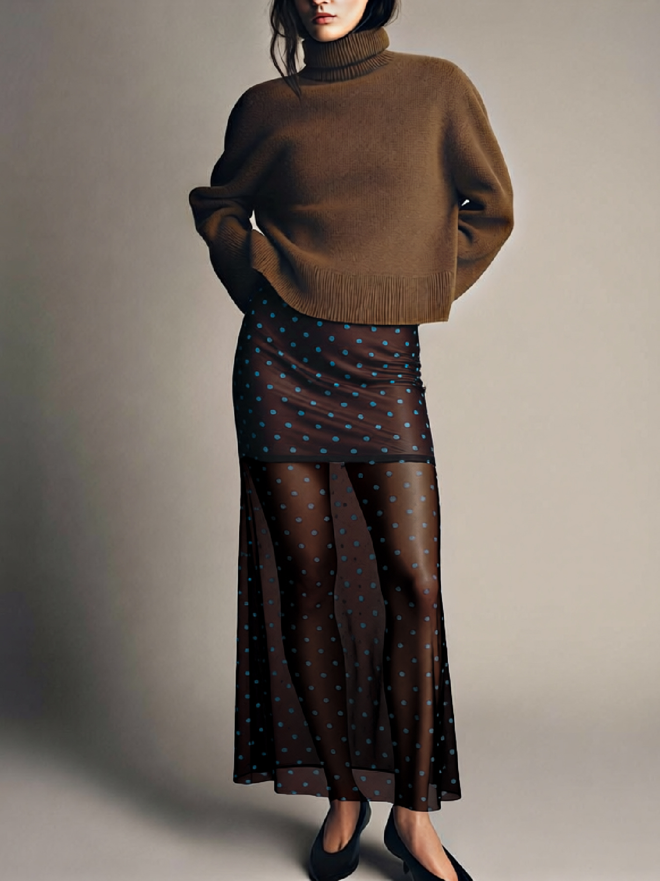 Brown-Wave Dot Perspective Pairing Half-length Skirt for Women High-Waisted Sleight-of-Way Popped Fish Tail Long Skirt