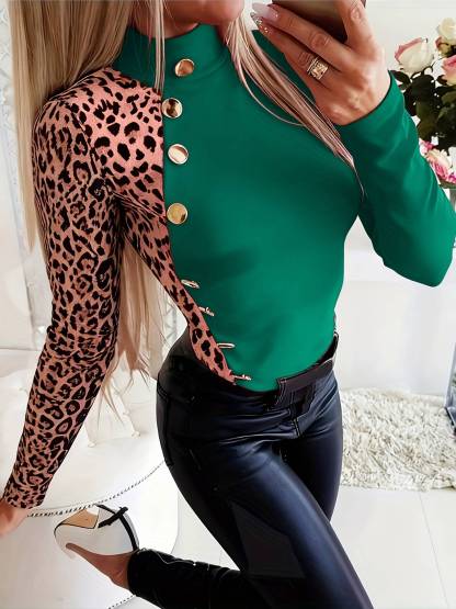 Women's Turtleneck Top with Leopard Print Panel and Button Detail