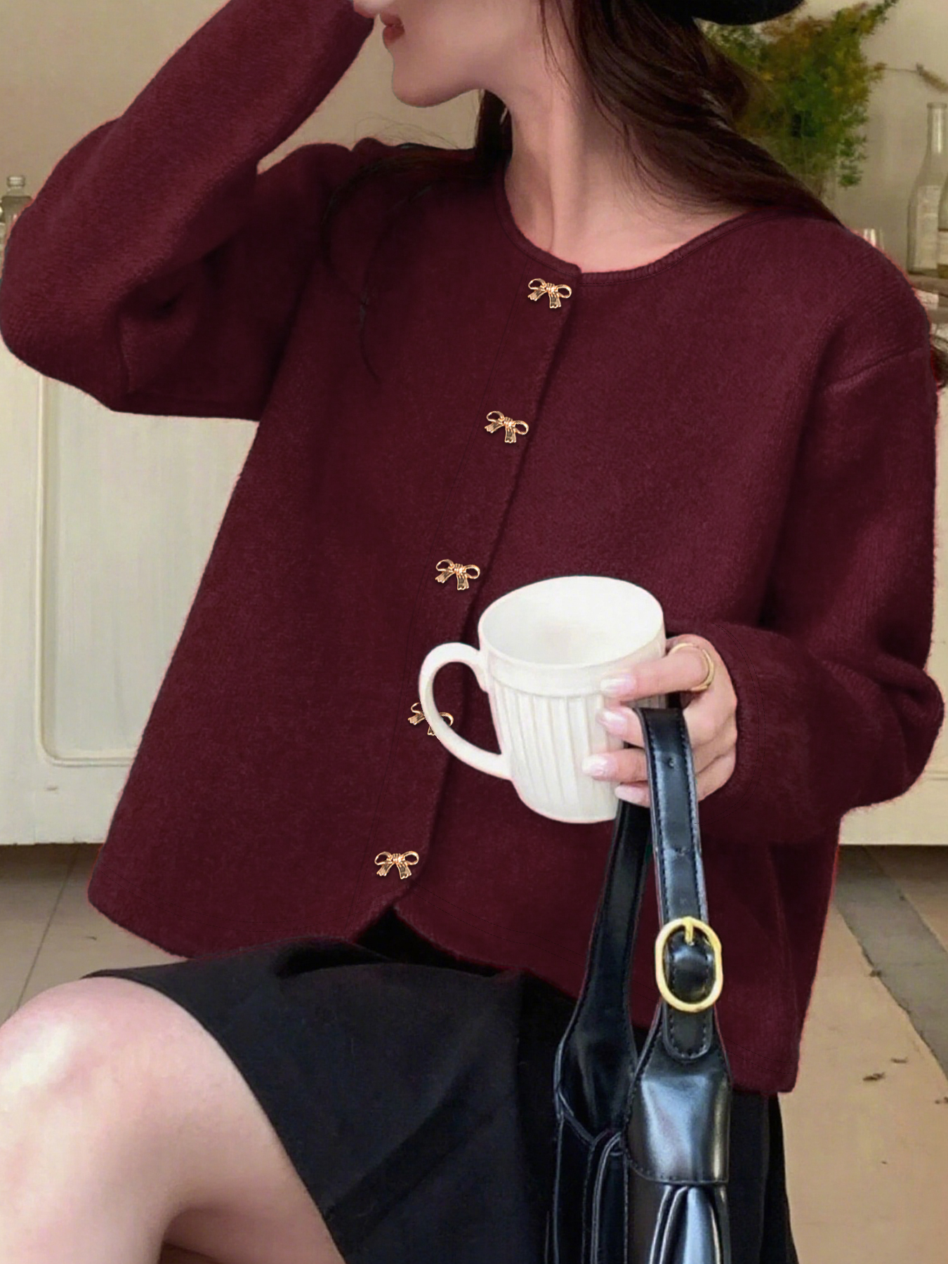 Cardigan de cuello redondo con botón abotonado cortado para mujer-Aegean-sea