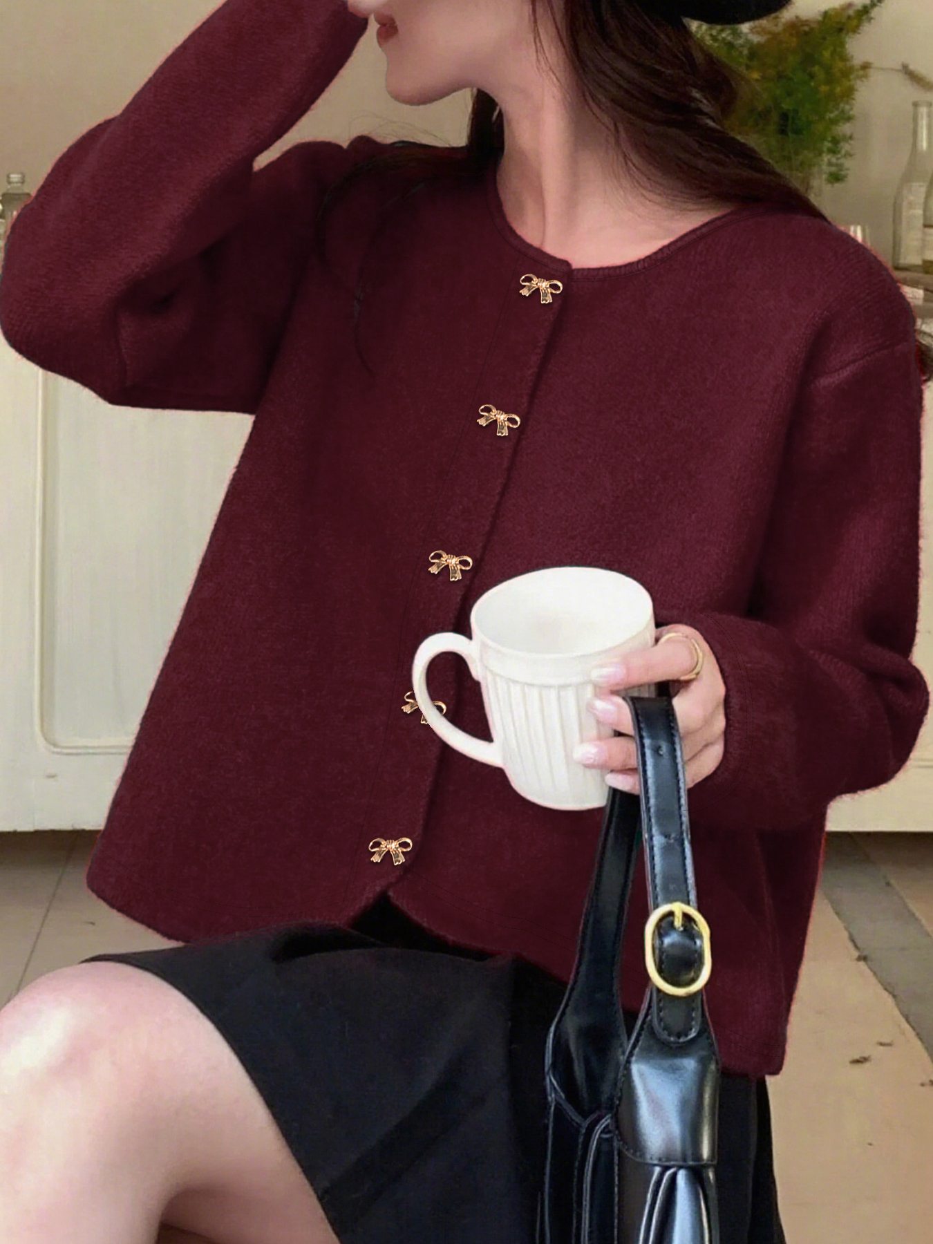 Cardigan de cuello redondo con botón abotonado cortado para mujer-Aegean-sea