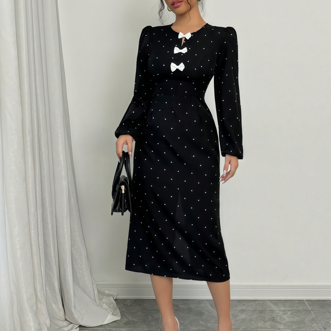 Vestido midi de mujer de polka negra con lunares blancos y mangas abullonadas-Aegean-sea
