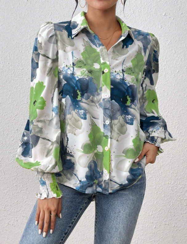 Women's Watercolor Floral Print Blouse - Puff Sleeve Shirred Cuff Button Up Shirt
