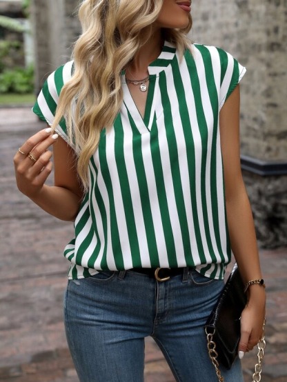 Woman's Striped V-Neck Cap Sleeve Blouse-Aegean-sea