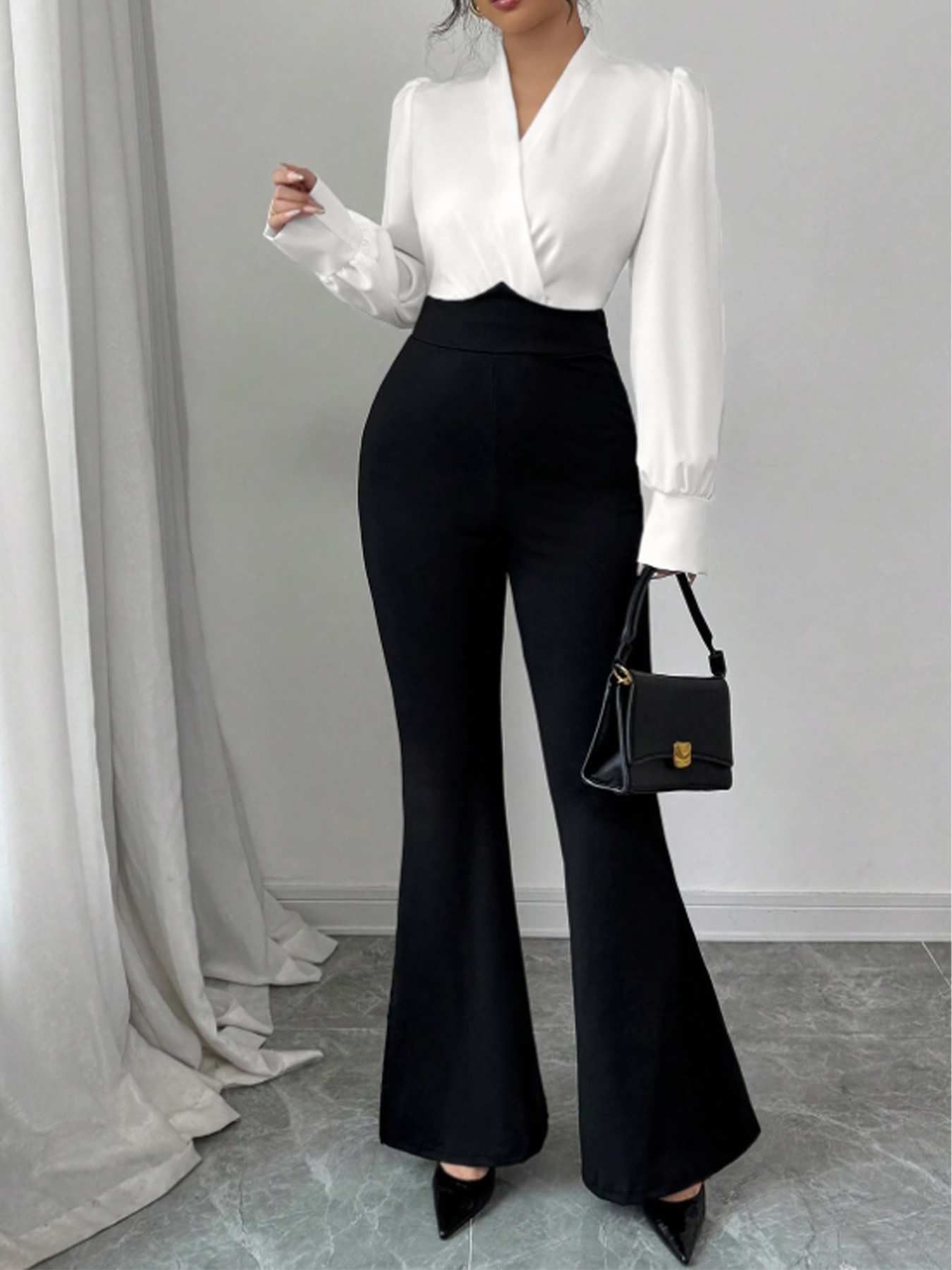 Woman's White Wrap Blouse & Black High-Waisted Flare Pants Two-Piece Set-Aegean-sea