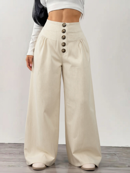 Beige single-breasted high-waisted wide-legged pants for women loose-fitting slim-looking drooping casual pants