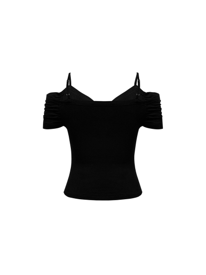 Woman's Off-Shoulder Spaghetti Strap Ruched Short Sleeve Bodysuit-Aegean-sea