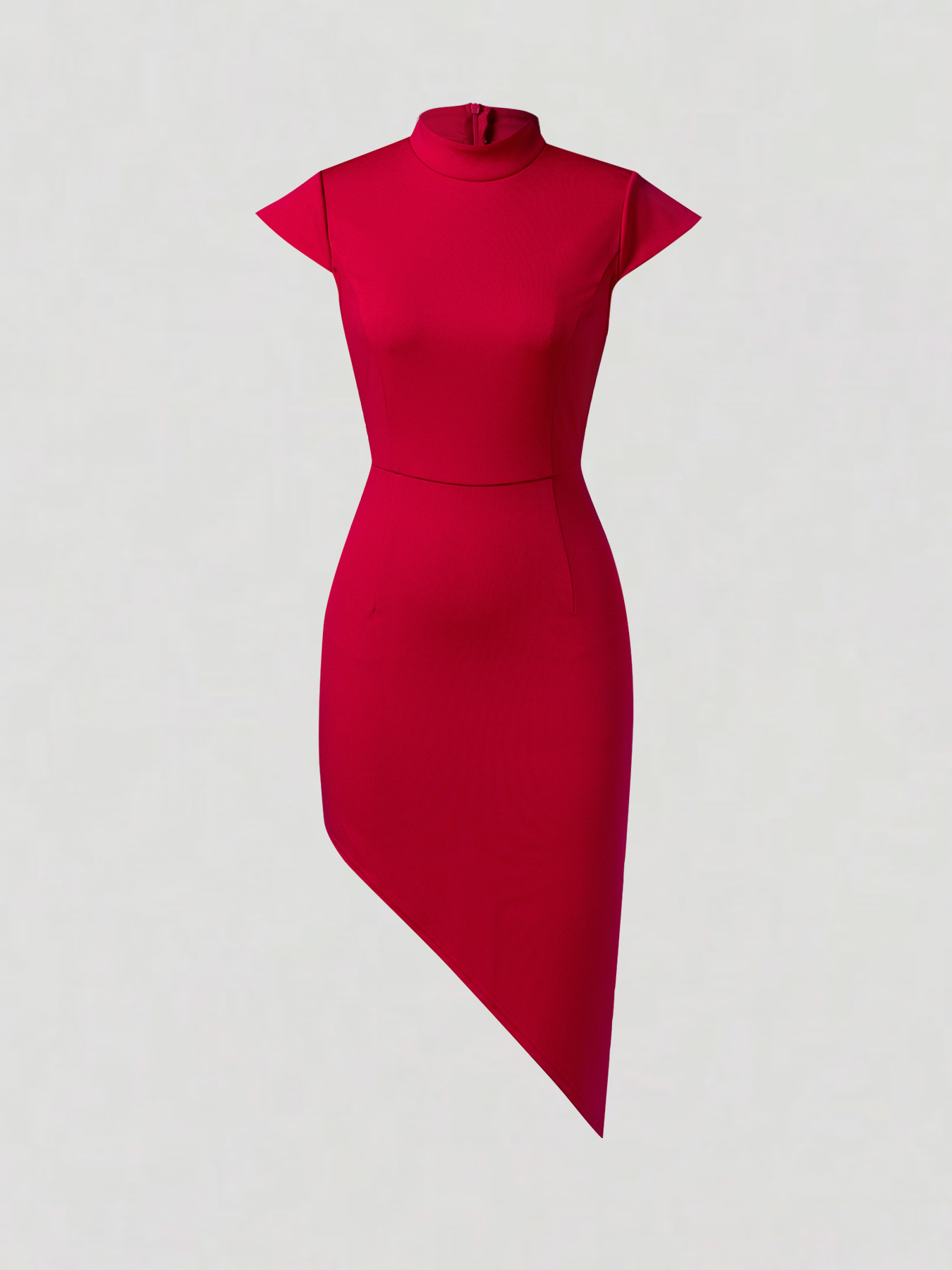Fitted Red Midi Dress - High Neck & Asymmetrical Slit