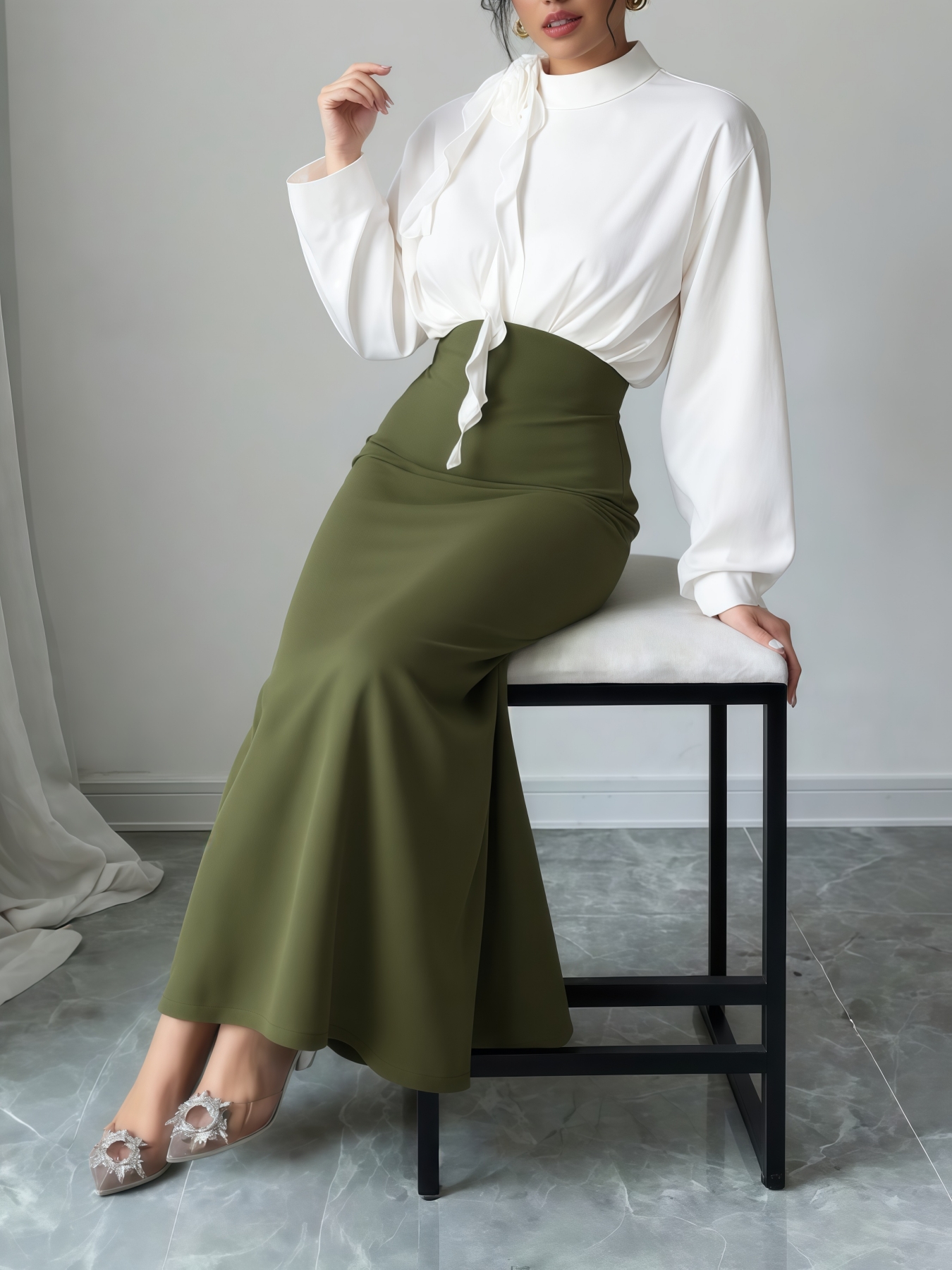 Vestido de moda femenino de manga larga ceñido a la cadera con todos los accesorios-Aegean-sea