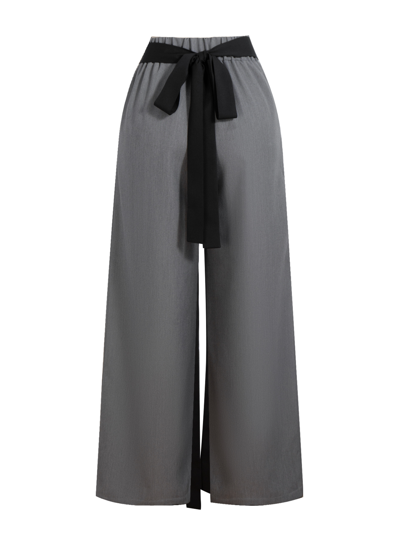 Woman's Gray Wide-Leg Pants with Black Sash Detail-Aegean-sea