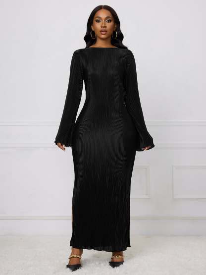 Woman's Long Sleeve Maxi Dress with Bell Sleeves, Vertical Pleats and Side Slit-Aegean-sea