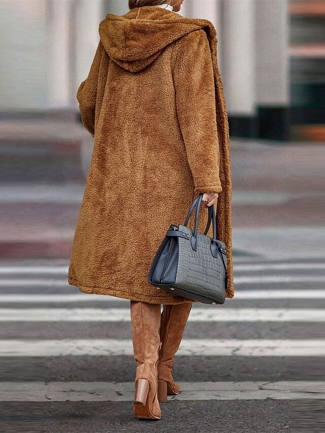 Women's Brown Teddy Fleece Hooded Long Coat-Aegean-sea