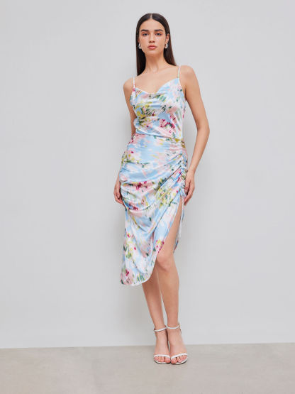 Woman's Pastel Abstract Print Satin Slip Dress with Ruched Detail