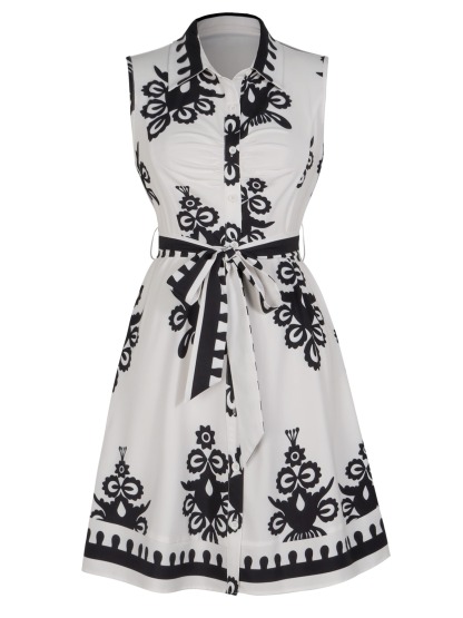 Woman's Vintage Vacation Style Black & White Print Dress: Sleeveless Shirt Collar Waist-Fitted Tie-Waist Mini Dress