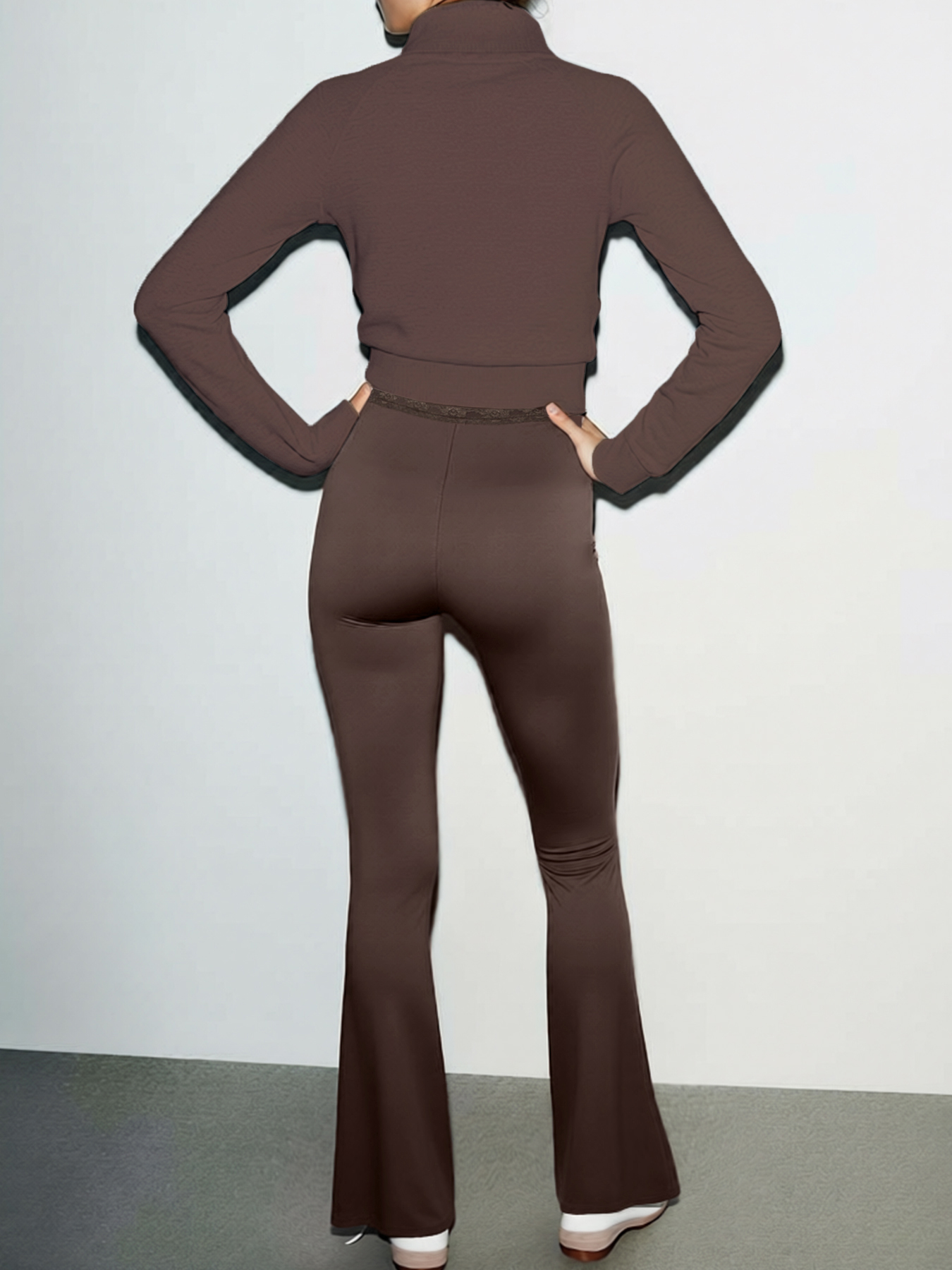 Brown lace waist-length mini-slope pants High-waisted slim-fit flared pants