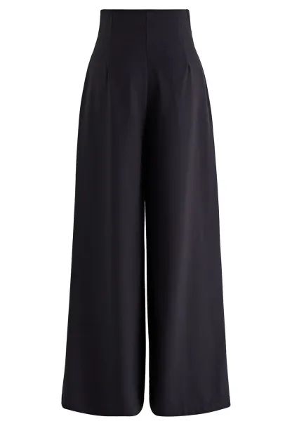 Women's Black High-Waisted Wide Leg Trousers-Aegean-sea