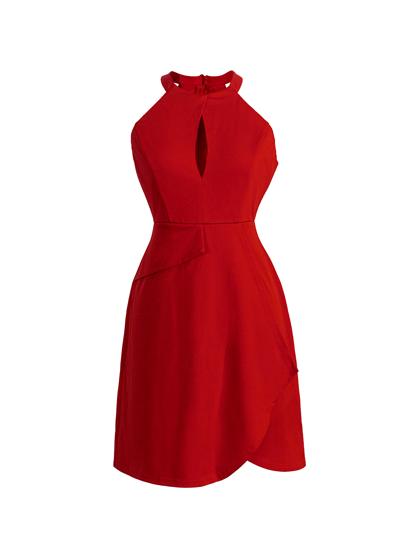 Woman's Bold Style Red Halter Neck Dress: Cutout Ruffle Fitted Slit Mini Formal Dress