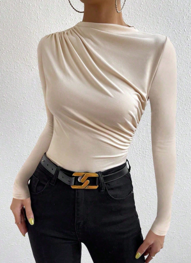 Women's Slim Fit Asymmetrical Neck Blouse - Ruched Detail Long Sleeve Elegant Top-Aegean-sea