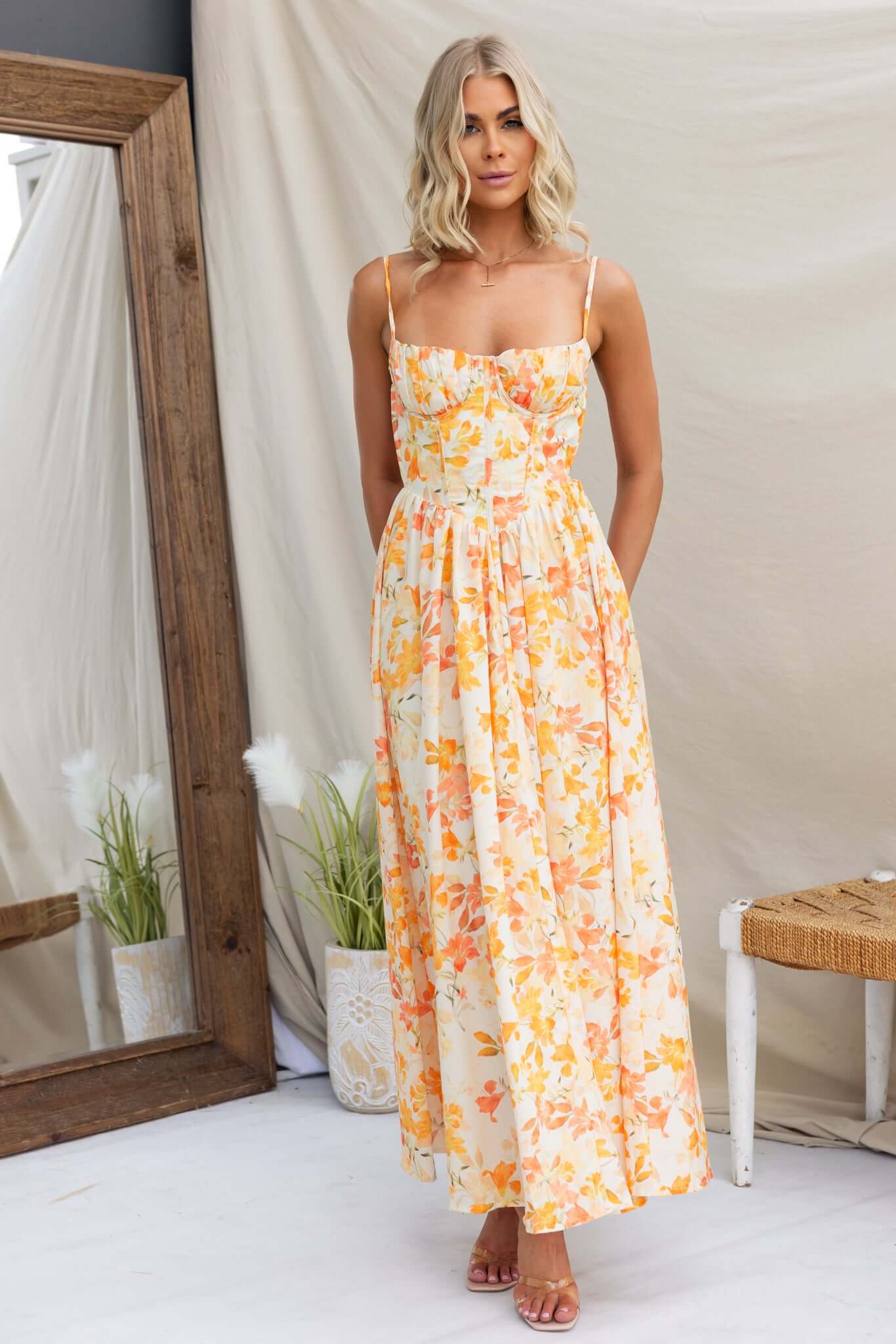 Women's Spaghetti Strap Floral Print Maxi Dress - Sweetheart Neck Corset Bodice A-Line Dress