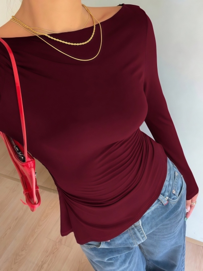 Women's Burgundy Long-Sleeve Off-the-Shoulder Back Lace Cutout Bow-Accent Fitted Blouse