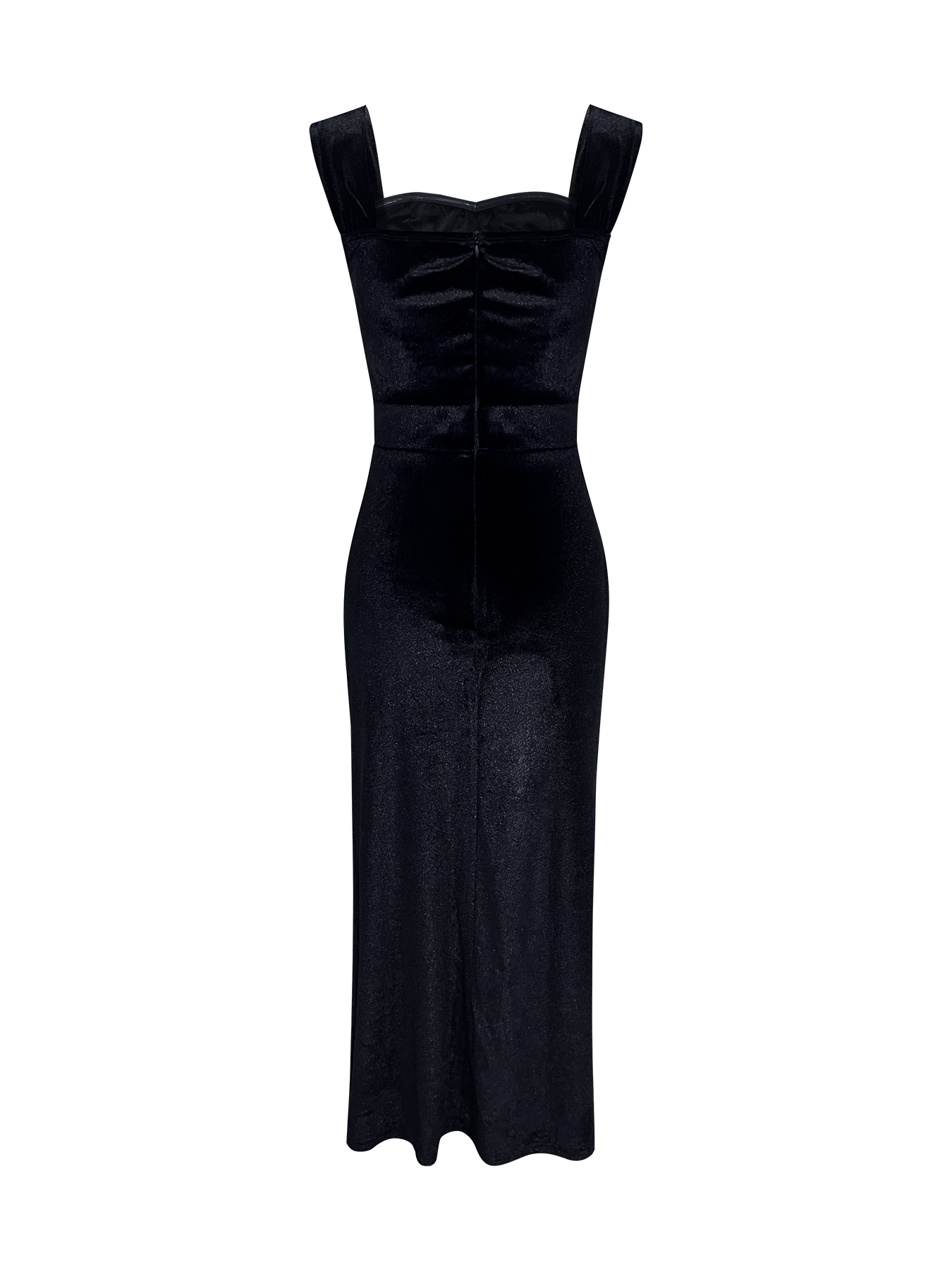 Women's Black Velvet Sweetheart Neck Maxi Dress with Lace Slit and Bow Detail-Aegean-sea