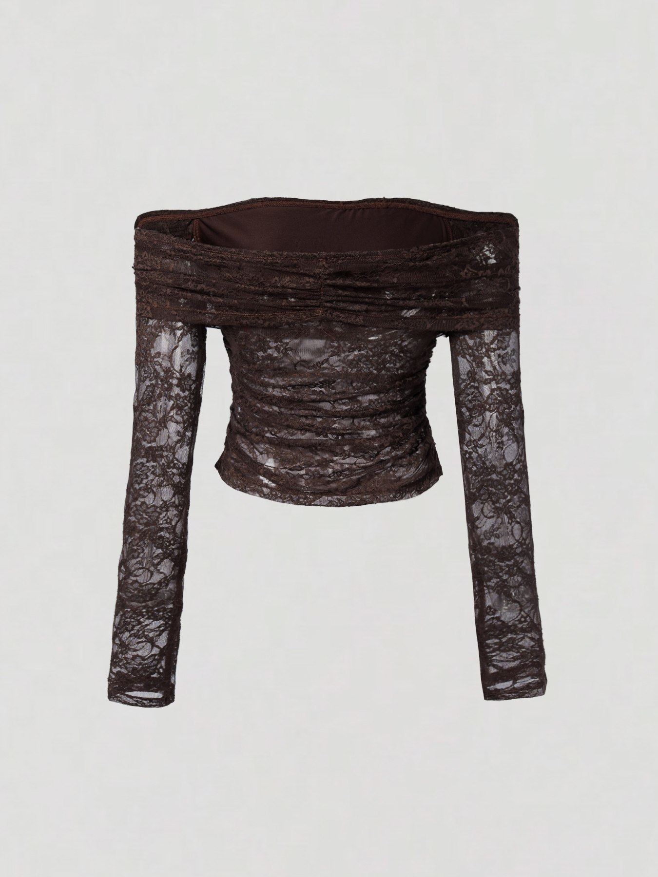 Brown single-shoulder lace through long-sleeved tailored top