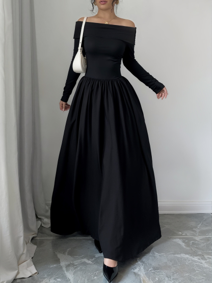 Woman's Black Off-the-Shoulder Long-Sleeve Maxi Dress with Full Skirt-Aegean-sea